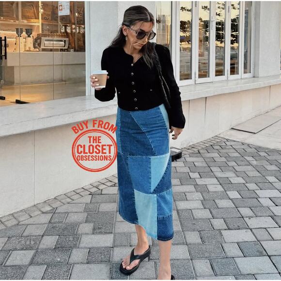 MANGO Patchwork Denim Midi Skirt NWT | Blue Cotton A-Line - Picture 7 of 16